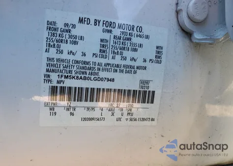 2020 Ford Explorer Police Interceptor z USA, uszkodzony, nr VIN 1FM5K8AB0LGD07948